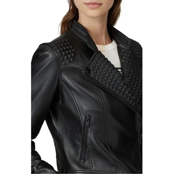 Slate & Willow Embossed Studs Moto Black 100% Leather Jacket Zipper Pockets XS/S - Picture 3 of 16